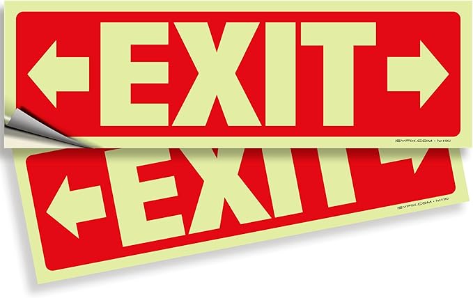 iSYFIX Exit Stickers Signs with Directional Right & Left Arrow 2 Pack 12x4 Inch - Glow in the Dark Photoluminescent Vinyl for Office, School, Business, Warehouse - UV & Weather Resistant for Indoor/Outdoor Use