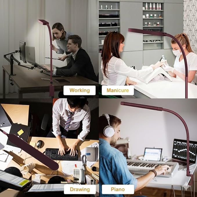 SKYLEO LED Desk Lamp - Desk Light for Home Office - Flexible Gooseneck - 5 Color Modes X 11 Brightness Levels - 1300LM - Timmer & Memory Function - 12W Clip on Light - Red