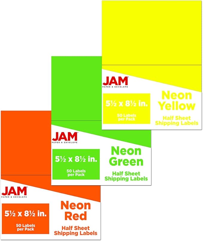 JAM PAPER Shipping Labels - Half Page - 5 1/2 x 8 1/2 - Assorted Bright Neon Colors - 150/Pack