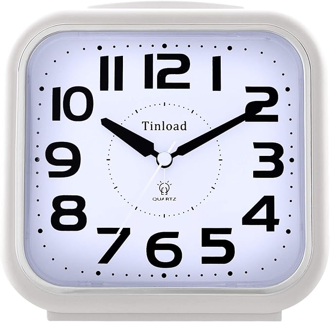Tinload 5.5" Large Analog Alarm Clock Silent Non Ticking, Gentle Wake, Beep Sounds, Increasing Volume, Battery Operated Snooze and Manual Light, Easy Set,White (Best for Elder)