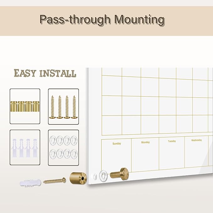 Glass 3-1 Golden Monthly Dry Erase Calendar Whiteboard for Wall,24"x 36",Frameless Mounting,Office/School/Home, Frameless Large Planner White Board
