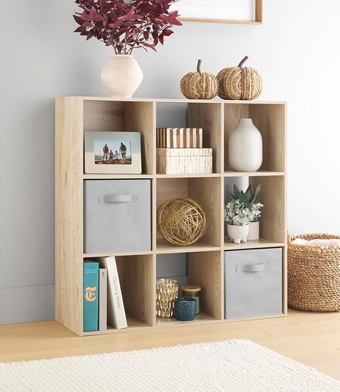 Whitmor 9 Cube Storage Organizer, Open Storage Display Bookshelf, Storage Cabinet for Living Room, Bedroom, Home, Office, White Oak