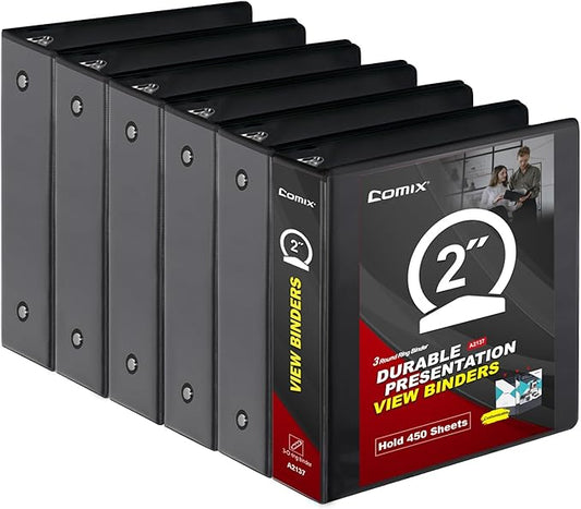 COMIX Sturdy 3 Ring Binder 2 inch with Clear View Cover, 2" Round Ring View Binder, PVC-Free, 2.4mm-Thick, 450 Sheets Capacity of US Letter Size Paper, Office ＆ School Supplies, Pack of 6 (Black)