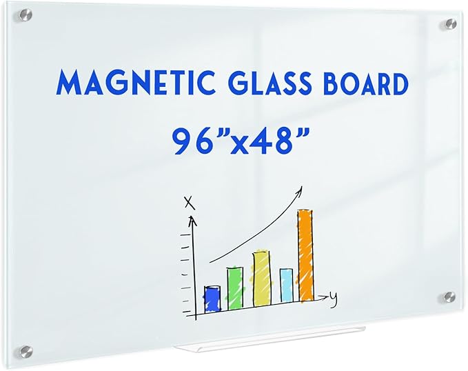 Magnetic Glass Whiteboard, 8' x 4' Glass Dry Erase Board for Wall, 96" x 48" Large Frameless White Board with 1 Marker Tray and 10 Magnets for Office, Home, Classroom - Normal White
