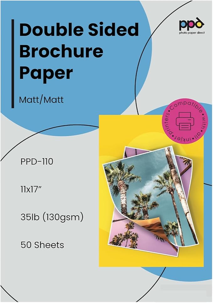 PPD Double Sided Photo Paper, Matte Brochure Paper 11 x 17 for Inkjet Printer, 130 gsm, 6.3 mil Thick for Magazine, Flyer, Presentation, Program, Instant Dry & Water Resistant (50 Sheets)