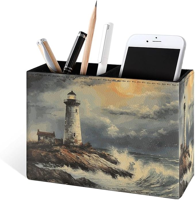 Famame Lighthouse Vintage Sea Pencil Holder for Desk, Leather Desktop Container Pen Cup Storage Study Table Pen Organizer Makeup Brush Holder for Classroom Office Home