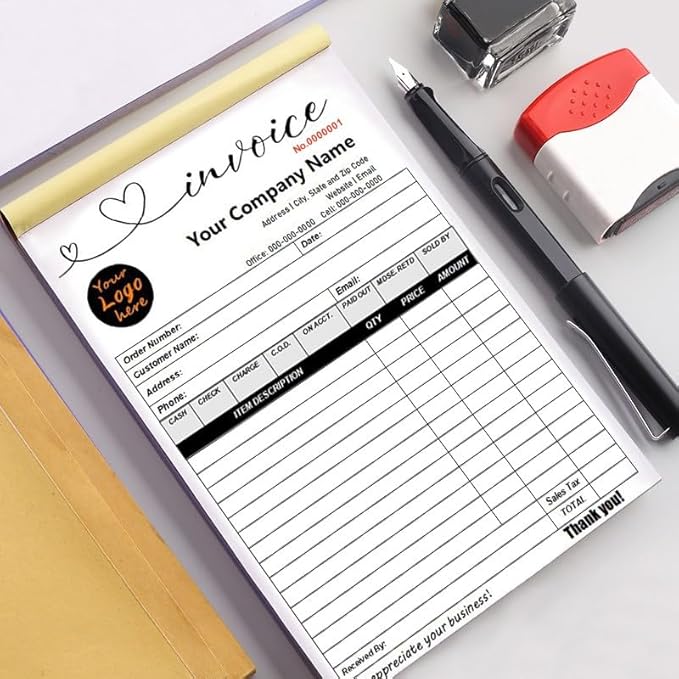 Personalized Invoice Book Custom 2 Part/3 Part Receipt Book Quote Estimate Order Forms Carbonless Form with Your Company Name Logo Address,2-10 Books (Style 18)