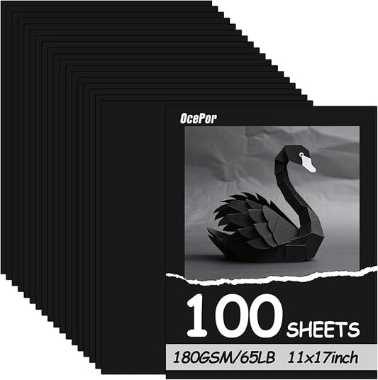 OcePor 100 Sheets Black Cardstock 11” x 17”, 65lb/180gsm Black Card Stock, Thick Card Stock Paper, Heavy Cardstock Paper for Printer, Resume, Scrapbooks, Art, Crafts, Business Cards