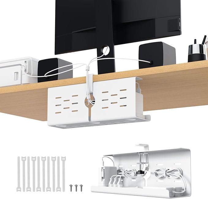 KEEGH 16'' Under Desk Cable Management Tray, Drill Free Clamp/Screws Mount, Sturdy Metal Cable Tray for Place Power Strip, Cord Management Tray Rack, Home, Office, White