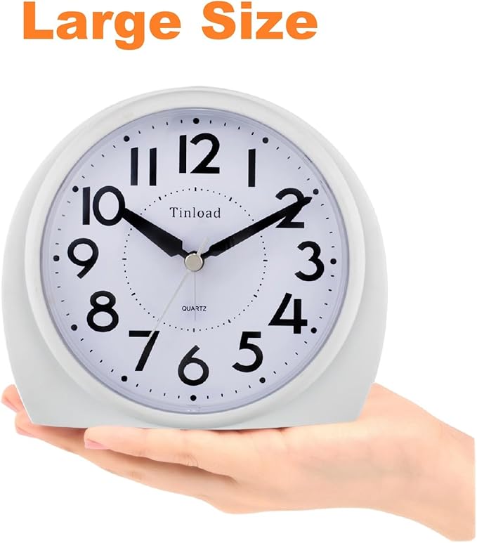 Tinload 5.5" Large Analog Alarm Clock Silent Non Ticking, Gentle Wake, Beep Sounds, Increasing Volume, Battery Operated Snooze and Manual Light, Easy Set,White(Best for Elder)