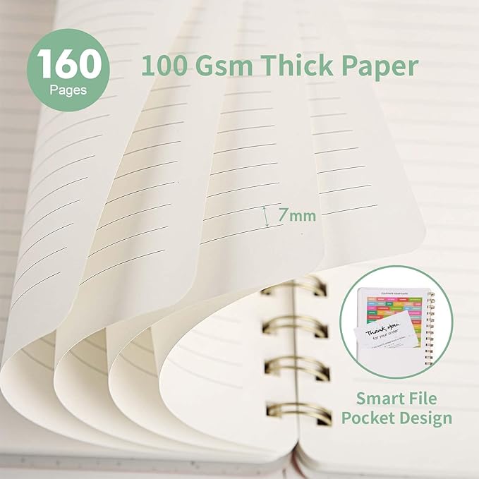 Spiral Notebook-5.75" x 8.125" College Ruled Journal with Inner Pockets and 160 Pages,PU Leather Cover Business Journal, Twin-Wire Binding Notebook Perfect for Office & Home School Supplies Mint Green