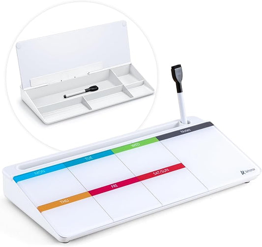 Varhomax Glass Weekly Dry Erase Desk White Board, Desktop to Do List Planner Whiteboard Calendar with Storage Caddy Memo for Home and Office, Colorful