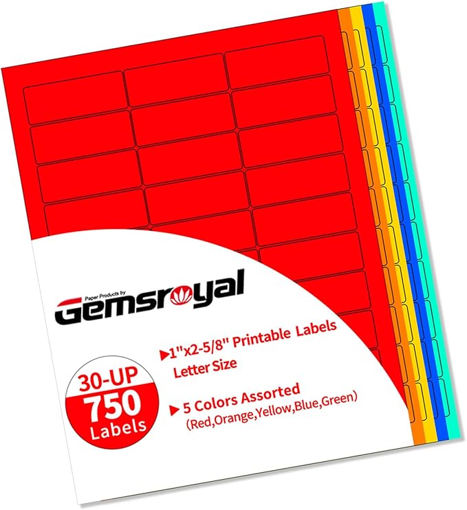 Gemsroyal Colored Address Labels Printable 1”×2-5/8",5 Colors Assorted(Red,Orange,Yellow,Blue,Green),Color Mailing Label Sticker Paper for Printer,Small Neon Moving Labels Printable,750 Color Stickers