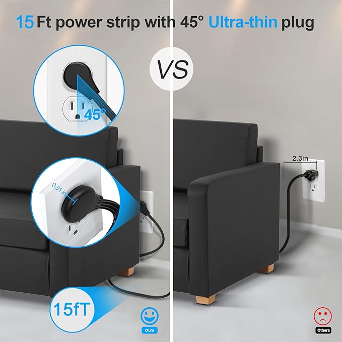 Surge Protector Power Strip 15 ft Cord,Long Power Strip with 4 Widely Outlets, Thin Extension Cord with 3 USB Ports(1 USB C Port),Slim Desk Charging Station,Black(2 Pack)