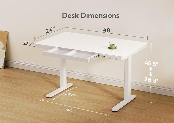 Claiks Glass Standing Desk with Drawers, 48×24 Inch Adjustable Stand Up Desk, Quick Install Home Office Computer Desk with USB Ports, White