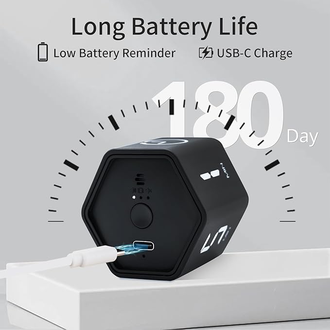 Productivity Timer Flip Gravity Sensor Cube Timer Countdown & Countup,Mute & Vibrate & Sound，5/10/30/60min & Custom Timing, Perfect for ADHD,Work,Learning,Kitchen Cooking (2, Black Hexagon)