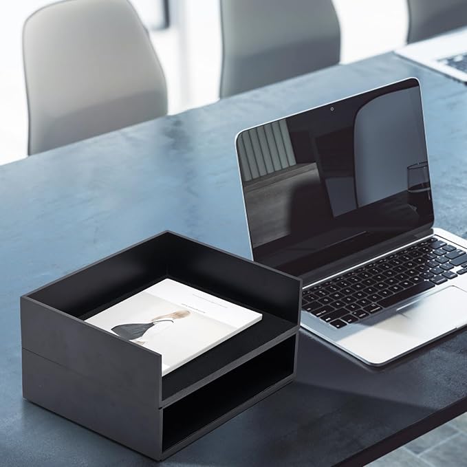 Yeaqee 2 Pcs Wooden Leather Stackable Letter Trays 13 x 10.6inch Luxurious Surface Desk Letter Tray Heavy Paper Inbox Mail Organizer for Office Document Magazine Folder Desktop Accessories(Black)