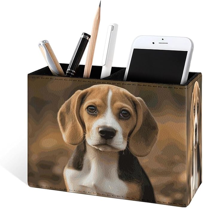 Famame 3D Beagle Dog Pencil Holder for Desk, Leather Desktop Container Pen Cup Storage Study Table Pen Organizer Makeup Brush Holder for Classroom Office Home