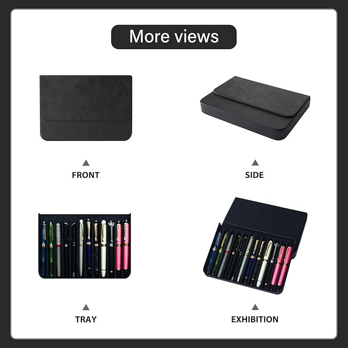MIVLXLX PU Leather 12 Fountain Pen/Pencil Tray Case Organizer, Fashion Design, Handmade, Magnetic Closure with Drawer, Christmas Gift for Man/Woman/Office, 12 Slots(black)