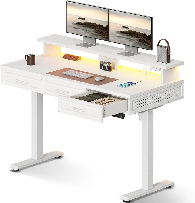 OffiGo Electric Standing Desk with 3 Wooden Drawers, 48 Inch Height Adjustable Desk with Power Outlets & LED Lights, White Sit Stand Table with Monitor Stand for Home, Office, Workstation