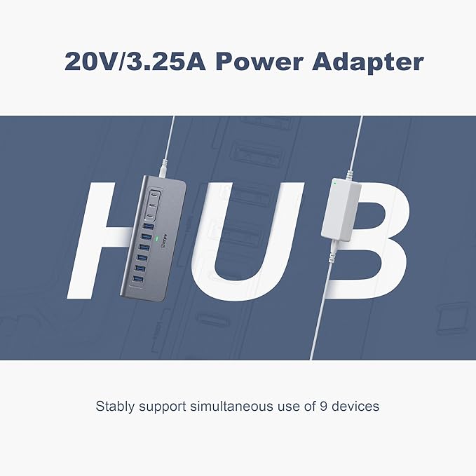 YH6AC Powered USB Hub 10Gbps, intpw 9-Port USB Splitter with USB A/USB C 3.2, 4 USB 3.0, 2 PD 45W Charging Ports, 65W Power Adapter + 3.3FT Cable, Aluminum USB Extender Hub for Laptop, PC,iPhone 17/16