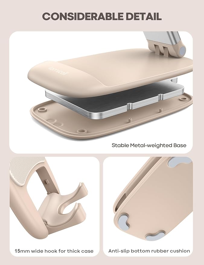 Lamicall Khaki Phone Holder for Desk - Cellphone Stand Khaki Desk Accessories Desktop Office Must Have Compatible with iPhone, 4-8'' Smartphone