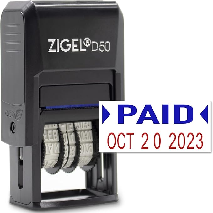 ZIGEL D50 Date Stamp with Paid - Self Inking Date Stamp - Blue/Red