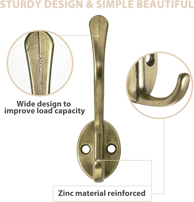Homanu 14 Pack Coat Hooks Wall Mounted with 28 Screws, Heavy Duty Antique Brass Towel Hooks Metal Double Hooks, No Rust Retro Rustic Wall Hooks for Hanging Towel, Coat, Scarf, Bag, Hat, Cup, Key