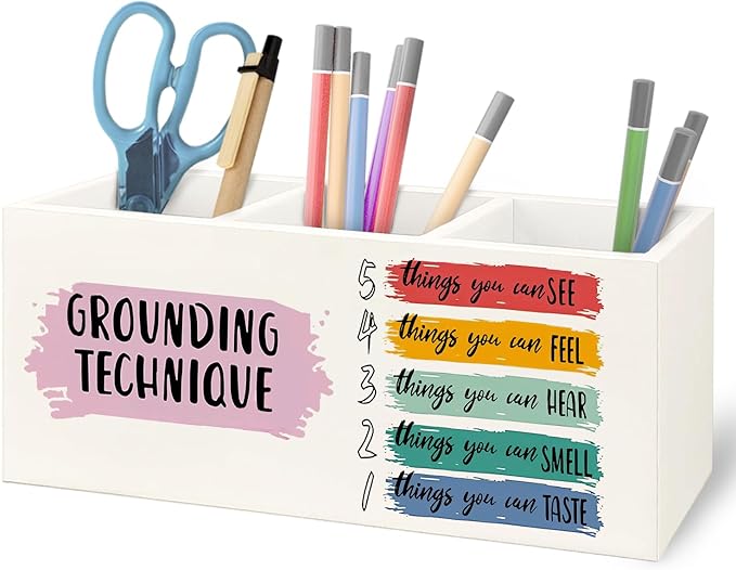 URLLUAE Mental Health Wooden Pen Pencil Holder for Classroom Therapy Counselor Office Desk Accessories, Grounding Technique Mental Health Makeup Brush Toothbrush Holder Organizer
