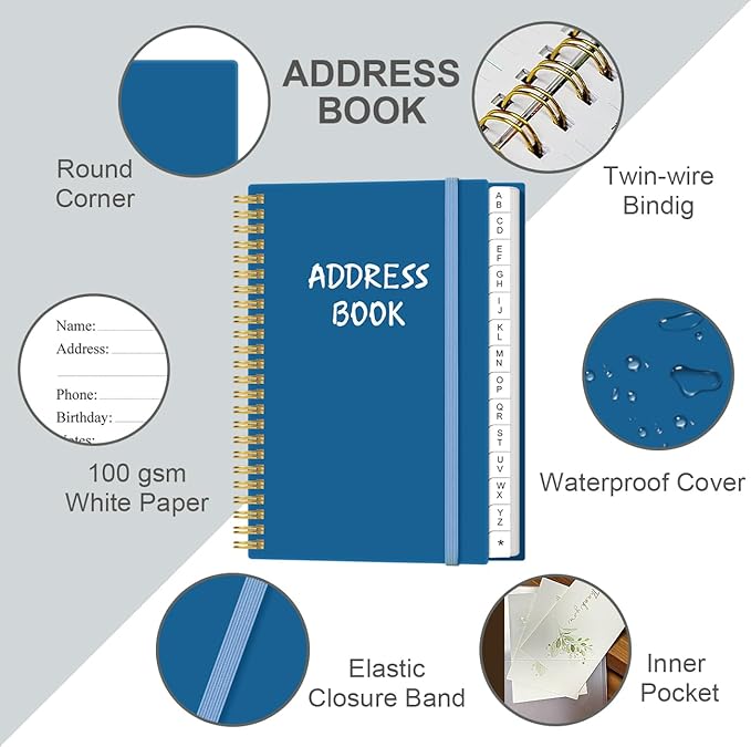 Address Book with Alphabetical Tabs - Telephone & Address Book with Address Contacts, Special Date, Phone, Birthday & Internet Login Password for Home and Office, 4.3" x 6.2", Blue