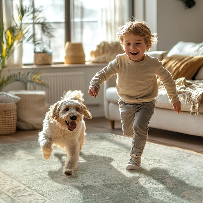 GENIMO 2'6''x6 Runner Rugs for Hallway, Machine Washable Non Slip Vintage Rugs, Low Pile Lightweight Soft Print Rug for enrtyway, Corridor, Home Office, Kitchen, Light Green