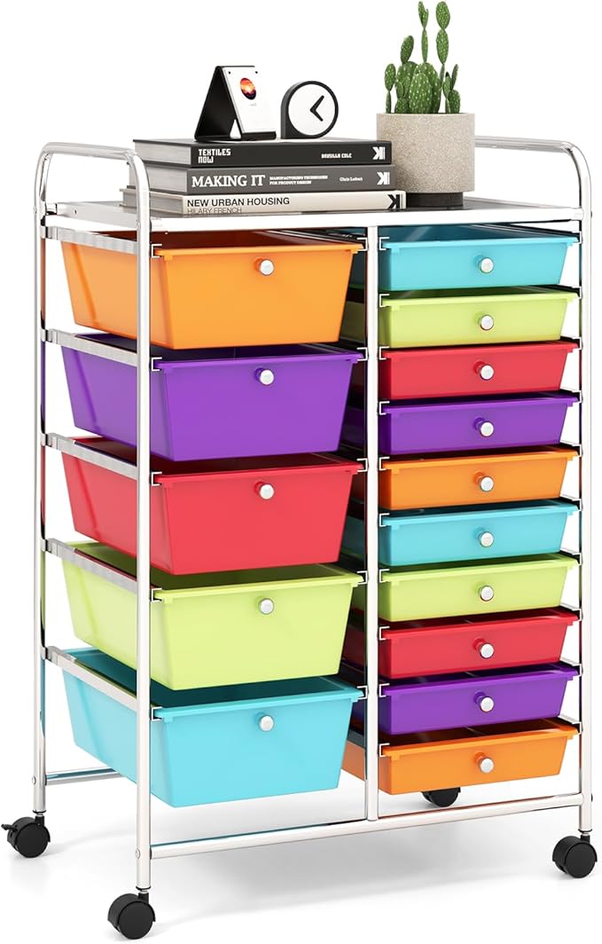 LDAILY 15 Drawer Rolling Storage Cart, Rolling Cart with Drawers for Classroom, Art Supply Craft Organizer on Wheel with Metal Frame & Handles for Home Office School