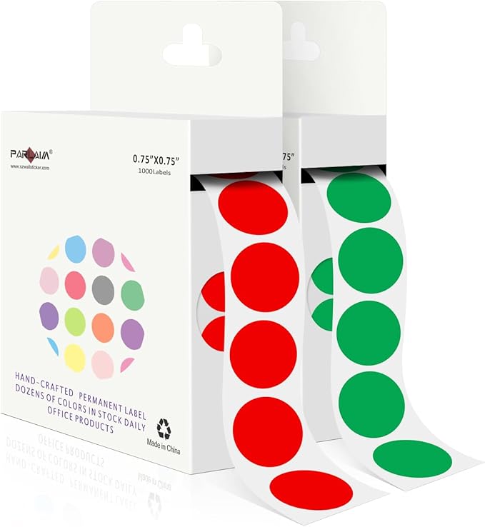 PARLAIM 2 Rolls 2000PCS 3/4" Round Circle Color-Code Dot Stickers,2 Color Style Colorful Coding Label Sticker for Home Office Classroom(Red+Green)