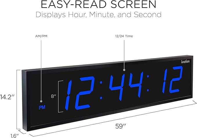 Ivation Huge Oversized 60" Large Digital LED Clock | Big Digital Clock w/Multi-Function Display – Stopwatch, Timer, Alarms, Temp & Date | 6 Brightness Levels, Time Memory & Remote (Blue)