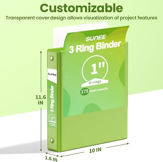SUNEE 3 Ring Binder 1 Inch 1 Pack, Clear View Binder Three Ring PVC-Free (Fit 8.5x11 Inches) for School or Office Supplies, Tender Green