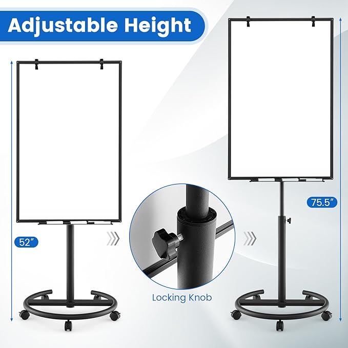 Goplus 40” x 26” Rolling Whiteboard, Height Adjustable Magnetic Dry Erase Board on Wheels with Round Stand, Paper Clips, Storage Tray, Paper Pad, Magnets, Markers, Mobile White Board for Office School