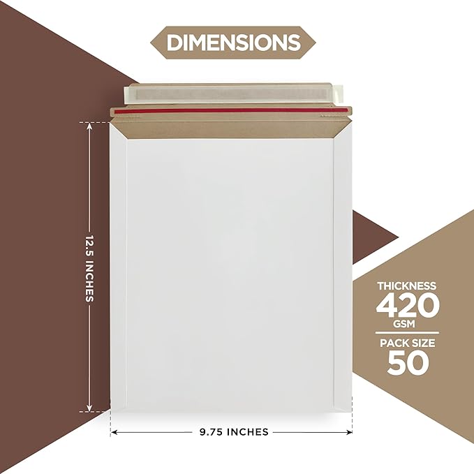 50 Pack 9.75x12.5 Inches Rigid Mailers – Self Adhesive White Cardboard Mailers – Used as Mailing Supplies for Mailing Documents, Photos, CDs, Magazines and Literature