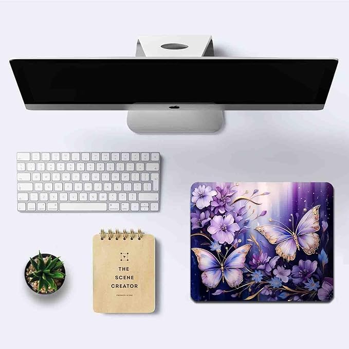 IMAYONDIA Small Mouse Pad Cute, Purple Gold Butterfly Mouse Pads, Modern Flowers Mousepad for Women Girls, Beutiful Mouse Mat Computer Laptop Office, 9.5 X 7.9 Inch