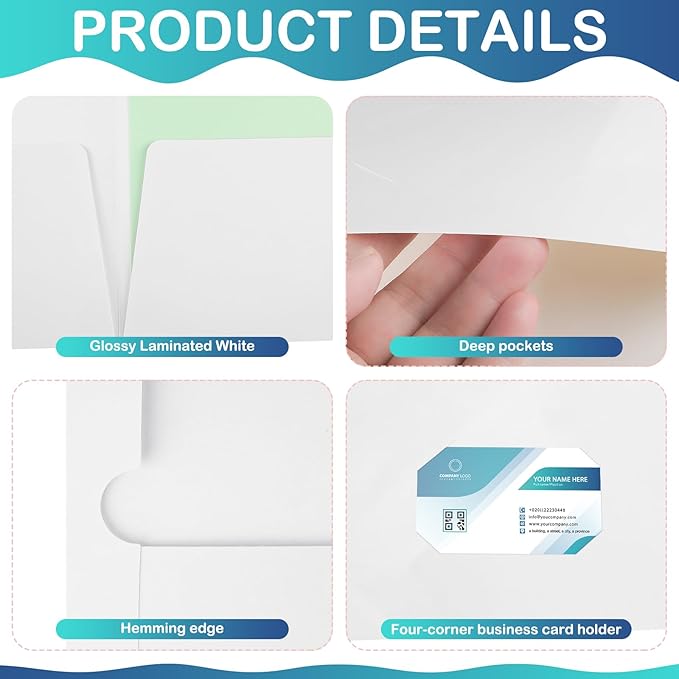 Yeaqee 125 Pack 2 Pockets Glossy Laminated Paper Folder First Day of School Presentation Folder Letter Size Two Pocket File Portfolio Holder Back to School Items Bulk for Teacher Office (White)