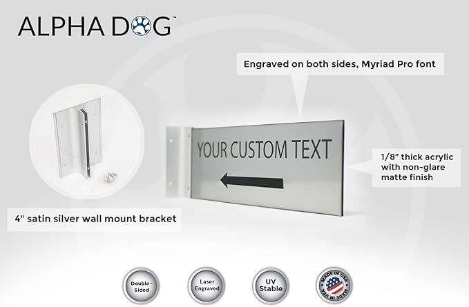 ALPHA DOG SIGNS Custom Projecting Hallway Sign, 4"x12" Double-Sided Business Plaque Left Arrow, Personalized Indoor Outdoor Wayfinding, Easy Install, Durable, Made in USA (Brushed Stainless)