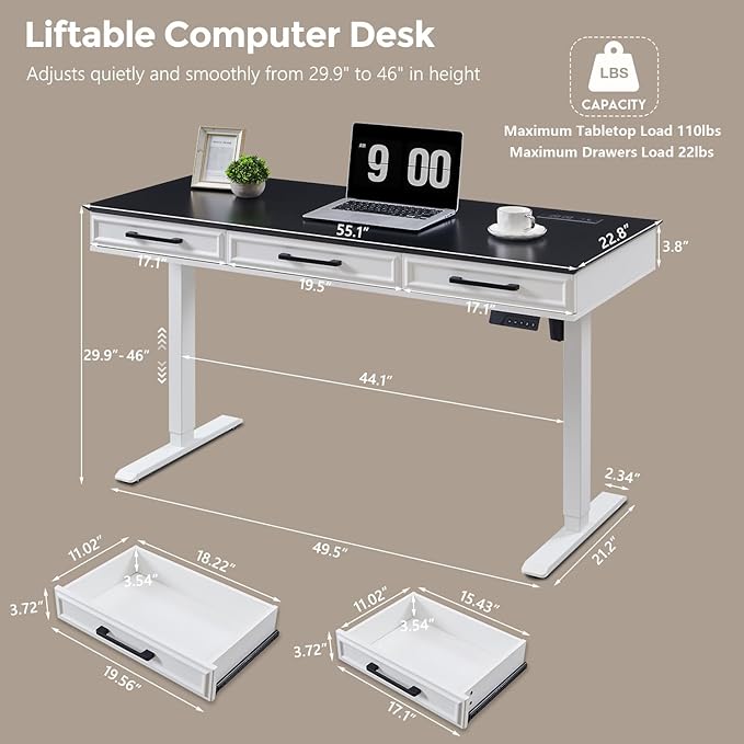 wow97e Electric Standing Desk with 3 Storage Drawers, 55x22 Inch Adjustable Height Office Computer Desk w/Power Outlets & One-Piece Desktop, Sit to Stand Up,Gaming Table for Home and Study, White