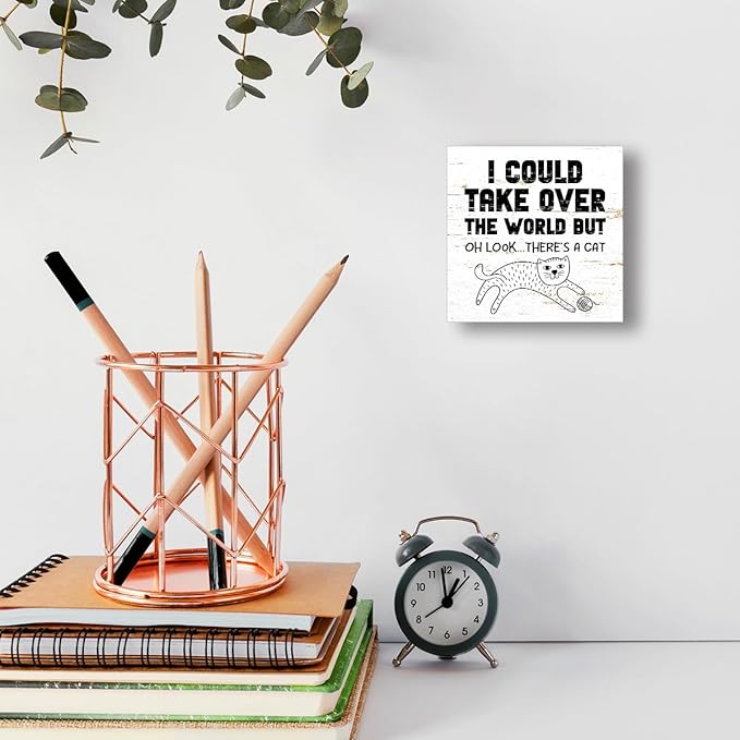 Funny Pet Shop Wood Block Sign I Could Take Over The World But Oh Look There's A Cat 5x5x1 INCH Sign, Cat Lover Decor, Whimsical Wall Art, Funny Pet Plaque, Minimalist Home Decor