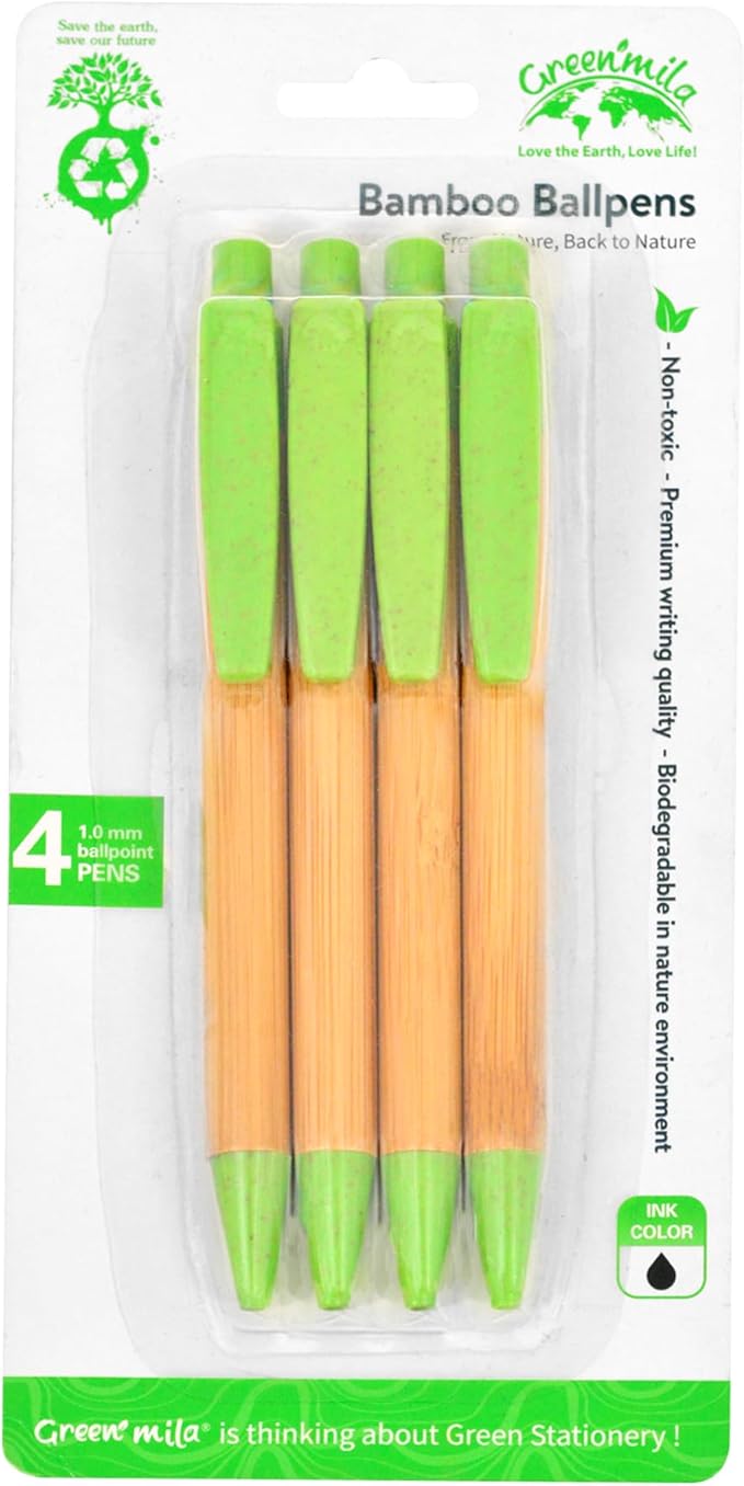 Green Mila Durable Pens, 1.0mm Ballpoint Pens Premium Writing Quality for School, Home & Daily Use - Pack of 4