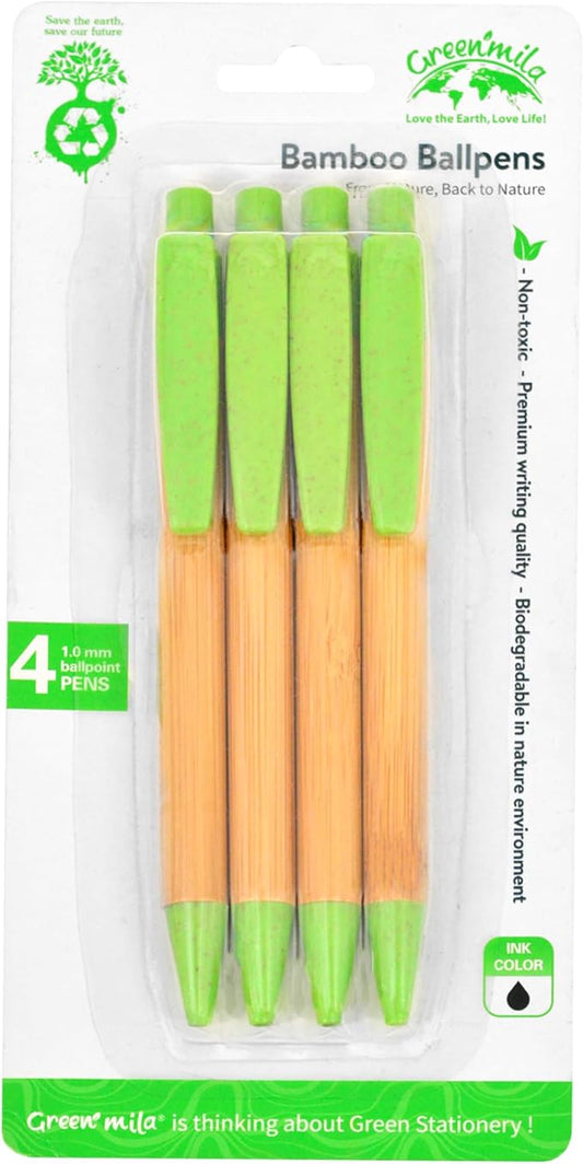 Green Mila Durable Pens, 1.0mm Ballpoint Pens Premium Writing Quality for School, Home & Daily Use - Pack of 4