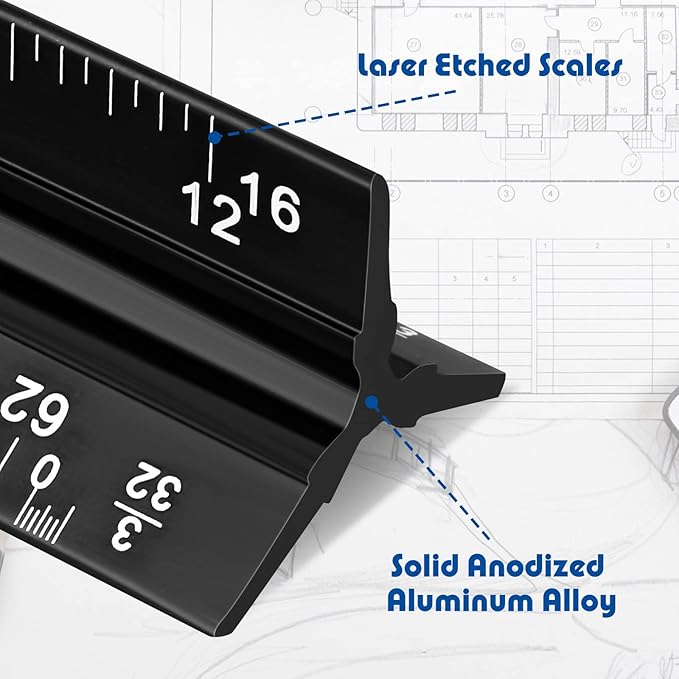 Macarrie 10 Pcs Architectural Scale Triangular Ruler 12" Architect Engineers Scale Ruler Set Aluminum Metal Ruler with Imperial Measurements for Architect Student Draftsman Engineer (Black)