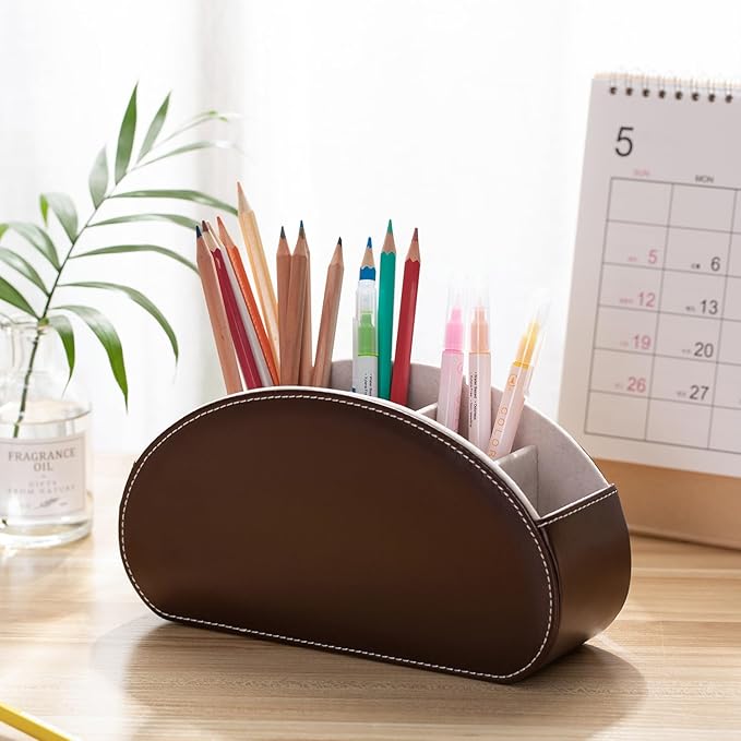 Remote Control Holders Organizer Box with 5 Compartment PU Leather Multi-functional Office Desk Storage Caddy Store Tv Remote for Media Player,Brush,Pencil,Glassees&Office Supplies (Dark Brown)