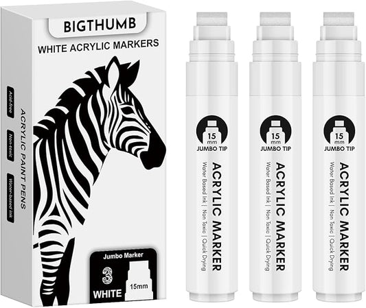 BIGTHUMB Thick White Jumbo Poster Markers: 3 Pcs 15mm Wide Tip Large Acrylic Paint Pens Big Permanent Markers Calligraphy Marker for Rock Painting, Sign, Canvas, Glass, Wood, Ceramic