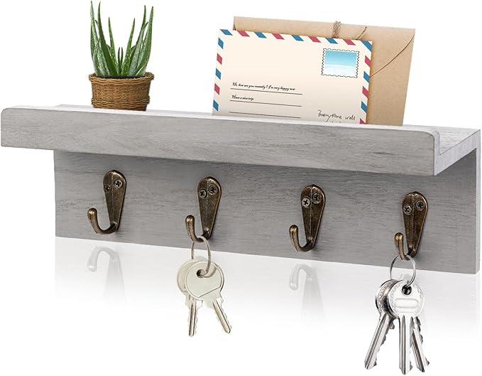 HRONRAD Rustic Key Holder for Wall, Farmhouse Wall Shelf with 4 Hooks, Wall Mounted Key Racks, Wooden Mail Organizer with Hooks for Entryway (Grey)