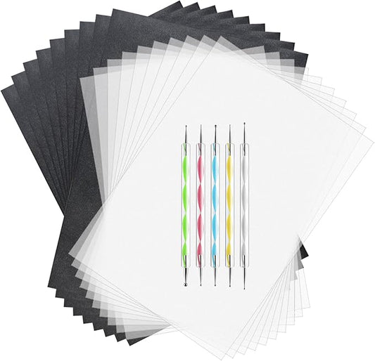 ASTARON 150 Sheets Black Carbon Copy Paper and Tracing Paper with 5 Pcs Embossing Styluses Tool Set, Carbon Transfer Paper for Tracing on Wood Fabric