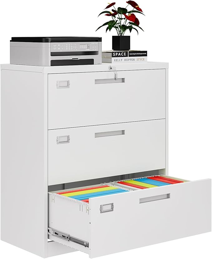 AFAIF 3 Drawer File Cabinets for Home Office, Metal Filing Cabinet with Lock, White Locking File Caninet Three Drawer, Office Storage Caninets Steel Cabnet for Letter/Legal/A4/F4-Assembly Required